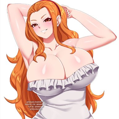 one piece, nami, jadenkaiba, 1girls, armpits, big breasts, breasts, eye contact, fully clothed, hairband, huge breasts, long hair, looking at viewer, orange hair, solo