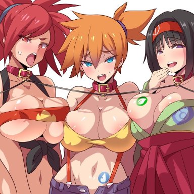 nintendo, pokemon, pokemon oras, pokemon rgby, erika (pokemon), erika (pokemon lgpe), flannery (pokemon), flannery (pokemon oras), kasumi (pokemon), konno tohiro, 3girls, ahe gao, alternate breast size, bad censor, big breasts