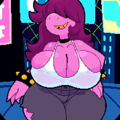 deltarune, undertale (series), susie (deltarune), pinkanimations, 4 fingers, anthro, belly, belly button, big ass, big breasts, bouncing breasts, cleavage, cleavage overflow, eyes covered, hair over eyes