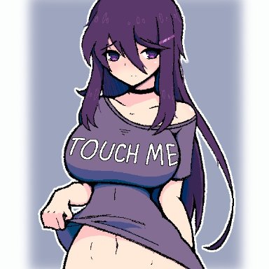 ddlc, doki doki literature club, yuri (doki doki literature club), saltdrawyou, 1girls, bottomless, choker, female, hair ornament, hairclip, large breasts, lewd text, lifting shirt, long hair, looking at viewer