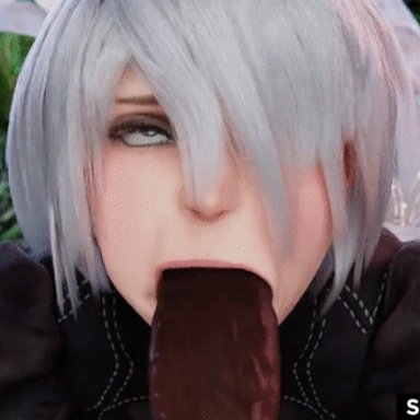 nier: automata, yorha 2b, slayed.coom, 1boy, 1girls, android, asian, blowjob, blue eyes, cum, cum in mouth, cum in throat, cum inside, cumming, dark-skinned male