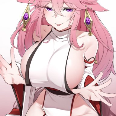 genshin impact, yae miko, k0ng, animal ears, breasts, detached sleeves, earrings, female, fox ears, gradient, gradient background, hair between eyes, hair ornament, half-closed eyes, jewelry