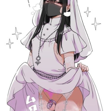 original, aida (nagano rira), nagano rira, 1boy, areola slip, areolae, black hair, black nails, chastity, chastity cage, clothing, crossdressing, detached sleeves, dress, dress lift