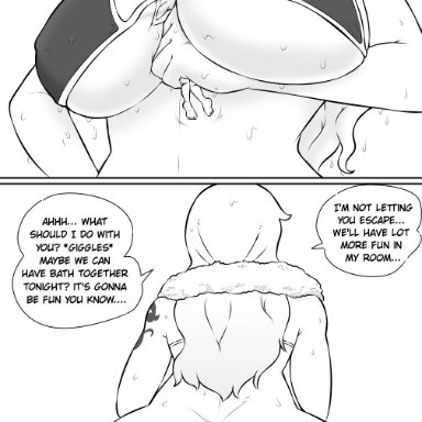 one piece, nami, gtstamago, bikini, faceless male, giantess, huge ass, huge breasts, larger female, size difference, smaller male, smirk, smothering, sweat, monochrome