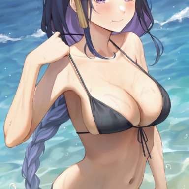 genshin impact, raiden shogun, 1female, 1girls, beach, bikini, blush, braid, breasts, cleavage, curvy, curvy figure, female, female only, large breasts