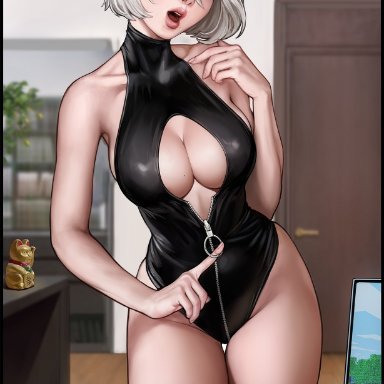nier, nier: automata, square enix, yorha 2b, aroma sensei, 1girls, android, android girl, blue eyes, breasts, female, female only, hair over one eye, highleg leotard, hips