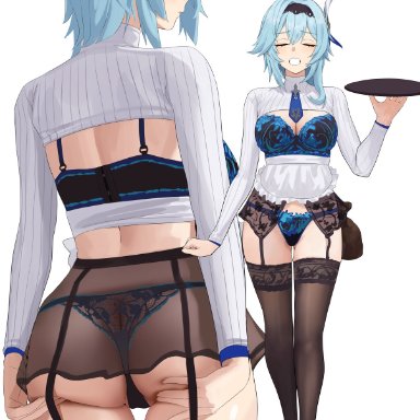 genshin impact, eula (genshin impact), ringeko chan, 1girls, apron, aqua hair, ass, ass grab, back view, black garter belt, black garter straps, black hair, black hairban, black legwear, black stockings