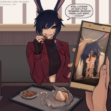 final fantasy xiv, viera, valerie-v, bunny ears, bunny girl, clothed female, cum, cum in mouth, fellatio