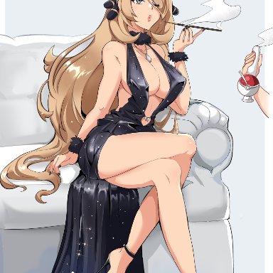 nintendo, pokemon, pokemon dppt, cynthia (pokemon), goro orb, 1girls, 1other, bare legs, bare shoulders, black dress, black nails, black toenails, blonde hair, blue eyeshadow, bong