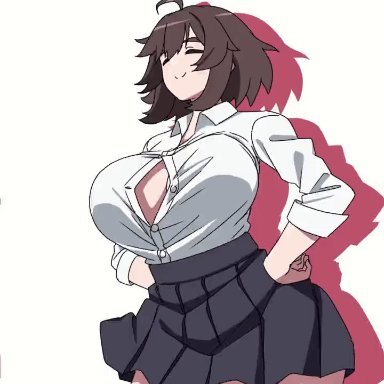 insomnia-chan (kaynimatic), kay yu (artist), bouncing breasts, cleavage, closed eyes, dancing, female, huge breasts, open clothes, school uniform, schoolgirl, short hair, skirt, smiling, animated