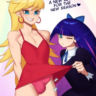 panty anarchy, stocking anarchy, zipsha, 2boys, balls, blonde hair, blue eyes, blue hair, bulge, crossdressing, dress, earrings, eye contact, eyebrows, femboy