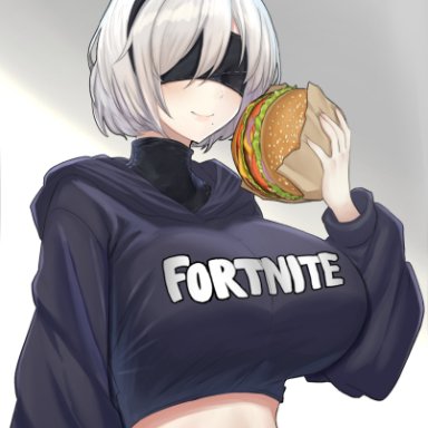 fortnite, nier, nier: automata, yorha 2b, desspie, 1girls, big breasts, blindfold, blindfolded, breasts, burger, clothes writing, female, female only, light-skinned female