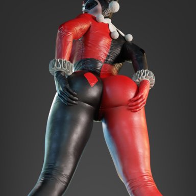 batman (series), harley quinn, harley quinn (classic), smitty34, ass, big ass, hands on ass, looking back, pale-skinned female, superheroine, thick thighs, 3d, 3d (artwork), blender (software), low-angle view