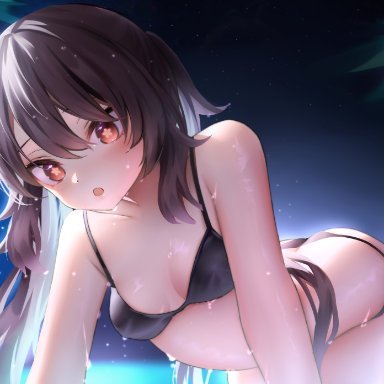 genshin impact, mihoyo, hu tao (genshin impact), neit ni sei, 1girls, all fours, ass, bent over, bikini, black bikini, breasts, brown hair, cleavage, female, female focus