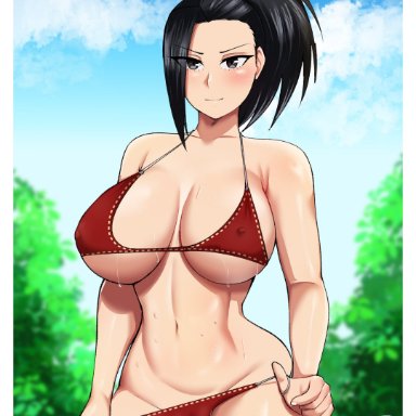 my hero academia, momo yaoyorozu, lord socar, 1girls, bikini, black eyes, black hair, breasts, female, female only, hips, huge breasts, medium hair, red bikini, slim waist