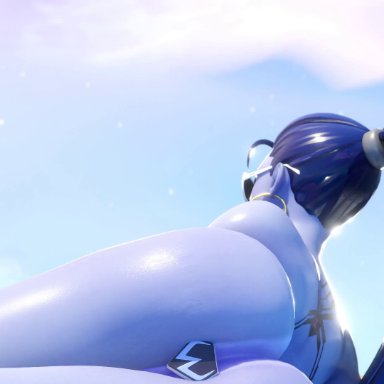 blizzard, blizzard entertainment, overwatch, widowmaker, vulpeculy, 1female, 1girl, 1girls, beach, big butt, blue hair, blue skin, butt, buttplug, buttplug in ass