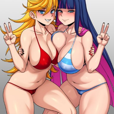 panty anarchy, stocking anarchy, jmg jellybean, 2girls, asymmetrical docking, bikini, blonde, blonde hair, blue eyes, blue hair, bow, bow in hair, breast to breast, breasts, female