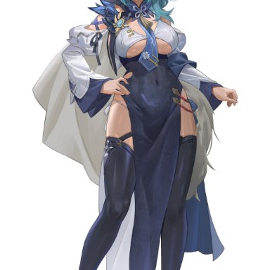 genshin impact, eula (genshin impact), zutsuyaku, :/, alternate costume, aqua hair, asymmetrical hair, between breasts, black hairband, blue dress, blue necktie, blush, boots, breasts, brown eyes