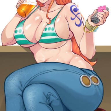 one piece, shounen jump, nami, imozuka, 1girls, big breasts, bikini top, blush, condom, drinking, jeans, long hair, looking at viewer, money, orange hair