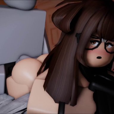 roblox, original character, robloxian, sofia (rusmynth), rusmynth, 1boy, 1girls, ambiguous penetration, bed, blush, brown eyes, brown hair, freckles, glasses, 3d