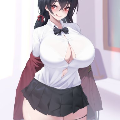 azur lane, taihou (azur lane), kuavera, 1girls, ahoge, alternate hairstyle, barely contained, black hair, black panties, blush, bowtie, breasts, cleavage, female, female only