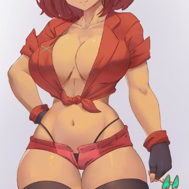 nintendo, xenoblade (series), xenoblade chronicles 2, pyra, lesottart, 1girls, bangs, black panties, booty shorts, breasts, cleavage, crop top, female, female only, hand on hip