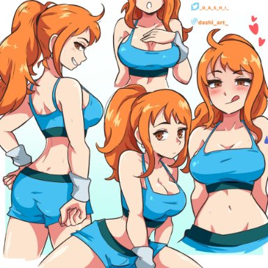 one piece, nami, dashi art, 1girls, big breasts, breasts, cleavage, curvy, female, female only, gym clothes, gym shorts, horny, horny female, long hair