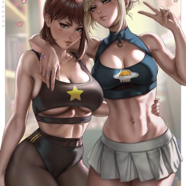 my hero academia, himiko toga, ochako uraraka, dandon fuga, 2girls, breasts, cleavage, clothing, female, female only, fully clothed, human, large breasts, looking at viewer, revealing clothes