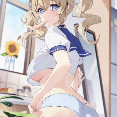 genshin impact, barbara (genshin impact), houk1se1, 1girls, alternate breast size, ass, blonde hair, blue eyes, bread, breasts, female, female only, food, food in mouth, hips