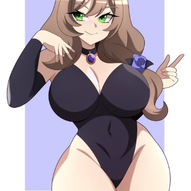 genshin impact, lisa (genshin impact), abysswatchers, 1girls, alternate costume, breasts, brown hair, cleavage, female, female only, green eyes, highleg leotard, hips, huge breasts, leotard