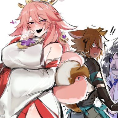 genshin impact, gorou (genshin impact), sangonomiya kokomi, yae miko, kade (kurenai21), kurenaiz1, 1boy, 2girls, animal ears, blush, brown hair, funny, looking angry, pink hair, tail grab