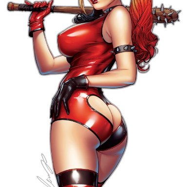 birds of prey, dc comics, harley quinn, elias chatzoudis, 1female, baseball bat, big ass, big breasts, latex gloves, latex leotard, latex thighhighs, looking back, multicolored hair, pigtail, seductive look