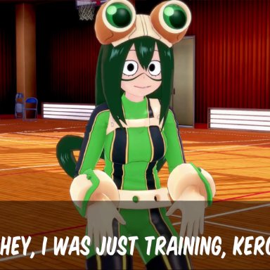 koikatsu, my hero academia, tsuyu asui, bakura's place, 1boy, 1girls, bangs, black eyes, bodysuit, breasts, breasts out, clothed female, cum in pussy, cum inside, cute