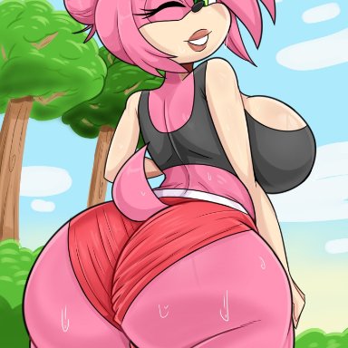 sega, sonic (series), sonic the hedgehog (series), amy rose, bmayneart, 1girls, anthro, ass, big ass, big breasts, breasts, bubble butt, clothing, dat ass, green eyes