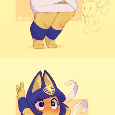 animal crossing, nintendo, ankha, ankha (animal crossing), huffslove, 1girls, animal humanoid, areolae, bandages, black eyes, breasts, nipples, pussy, ripped clothing, shocked