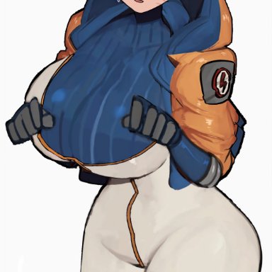 apex legends, wattson (apex legends), manobece, alternate breast size, belt, big ass, big breasts, big butt, big hips, big thighs, blush, blush lines, bottom heavy, breast squeeze, breast squish