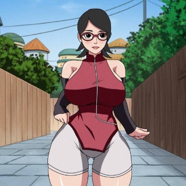 boruto: naruto next generations, naruto, naruto (series), shounen jump, sarada uchiha, sutokatsu, 1girls, aged up, alley, arm warmers, armwear, ass visible through thighs, bare shoulders, big breasts, bike shorts