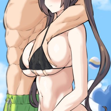 nintendo, pokemon, rosa (pokemon), kook, belly button, bikini, blue eyes, breast grab, breasts, brown hair, heart, light-skinned female, light-skinned male, midriff, muscular male