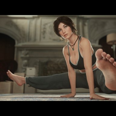 rise of the tomb raider, shadow of the tomb raider, tomb raider, tomb raider reboot, lara croft, horizonrenders, 1girl, 1girls, barefoot, breasts, british, brown eyes, brown hair, feet, feet up