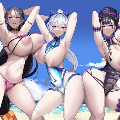 fate/grand order, fate (series), murasaki shikibu (fate), tomoe gozen (fate), tomoe gozen (swimsuit saber), ky., 3girls, areolae, armpits, arms up, ass to ass, beach, blue swimsuit, bow, bow in hair