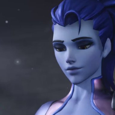 blizzard entertainment, overwatch, widowmaker, aphy3d, 1boy, 1boy1girl, 1girls, blowjob, blue hair, breasts, clothed female nude male, facefuck, fellatio, hand on head, irrumatio