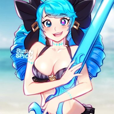 league of legends, pool party series, gwen (league of legends), blushypixy, beach, belly, bikini, blue hair, breasts, hips, looking at viewer, panties, pigtails, scissors, swimsuit