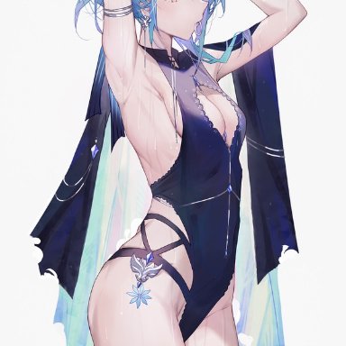 genshin impact, eula (genshin impact), qiandai, qiandaiyiyu, 1girls, bewitching thighs, blue hair, breasts, cape, cleavage, cloak, curvy, female, female only, golden eyes