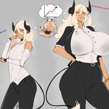 original, minotaur (erovsaaaka), original character, erovsaaaka, 1boy, 1girls, breasts, clothed, clothed female, clothed male, family, female, femboy, grin, hand on hip