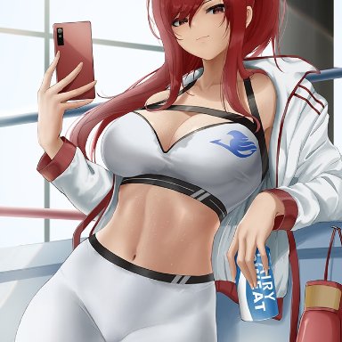 fairy tail, erza scarlet, cyi, 1girls, boxing gloves, boxing ring, breasts, female, female only, gym, hair over one eye, hips, holding object, indoors, jacket