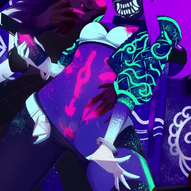 league of legends, akali, k/da akali, k/da evelynn, merunyaa, 2girls, bangs, black choker, black eyes, black gloves, black headwear, black mask, bracelet, breasts, can