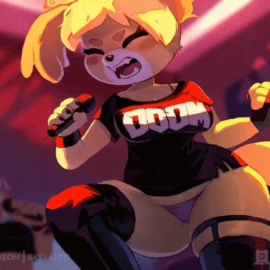 aggressive retsuko, animal crossing, isabelle (animal crossing), retsuko, skeleion, big breasts, breasts, female, thick thighs, animated, meme