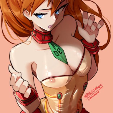 neon genesis evangelion, asuka langley sohryu, haysey draws, blue eyes, breasts, bunny ears, bunny girl, bunnysuit, clothing, female, long hair, medium breasts, orange hair, solo, undressing