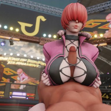 king of fighters, shermie (kof), j4zzbug sfm, 1boy, 1girls, big breasts, big penis, breast grab, breast squeeze, breast squish, breasts, clothed, clothed female, clothed paizuri, covered eyes