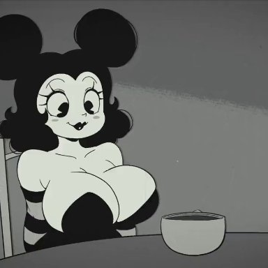 cuphead (game), cuphead, sally mcboing, joaoppereiraus, big boobs, big breasts, black background, black hair, black lips, breasts, breasts bigger than body, breasts bigger than head, breasts grab, cup, drinking